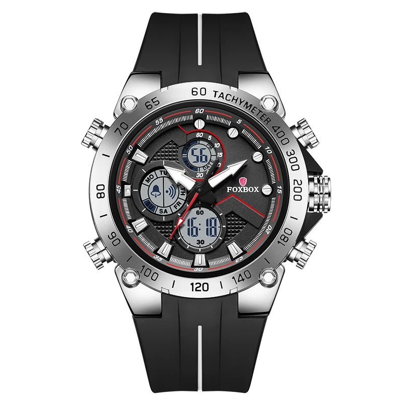 FOXBOX Luxury Men's Sport Watch showcasing dual display, quartz & digital chronograph with bold performance.