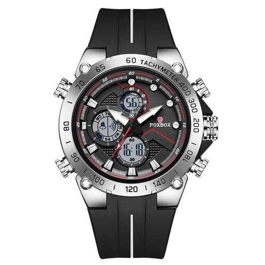 FOXBOX Luxury Men's Sport Watch showcasing dual display, quartz & digital chronograph with bold performance.