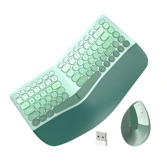 MOFii ergonomic wireless keyboard and mouse set in green with USB dongle, designed for comfortable office use.