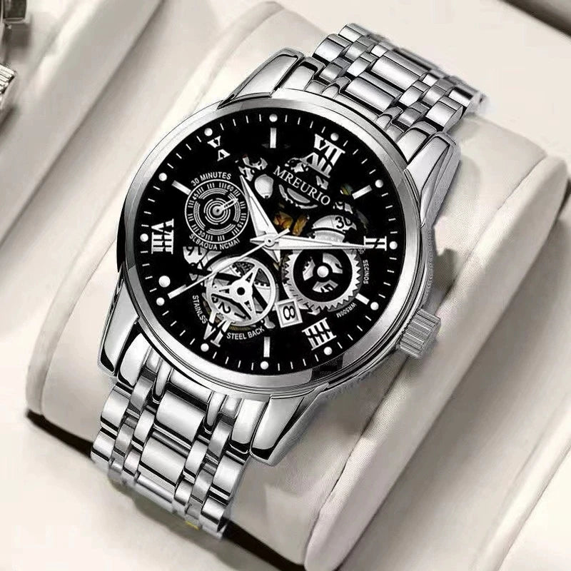high end quartz watches for men with Roman numeral design and stainless steel bracelet