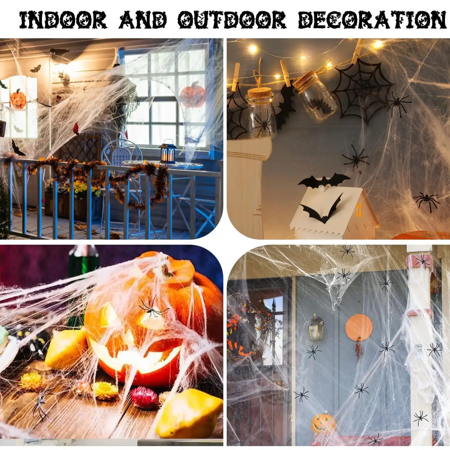 1000 sqft Halloween Spider Webs With 60pcs Spiders Super Stretch Cobwebs Halloween Decorations Indoor and Outdoor Party Supplies
