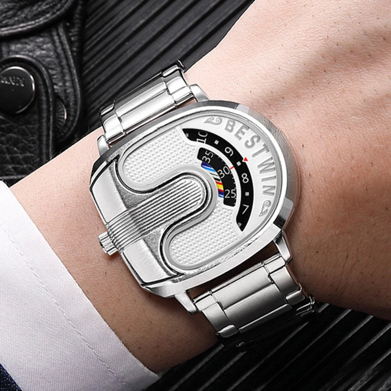 luxury men's watches with stainless steel band featuring a unique design and stylish dial on a wrist.