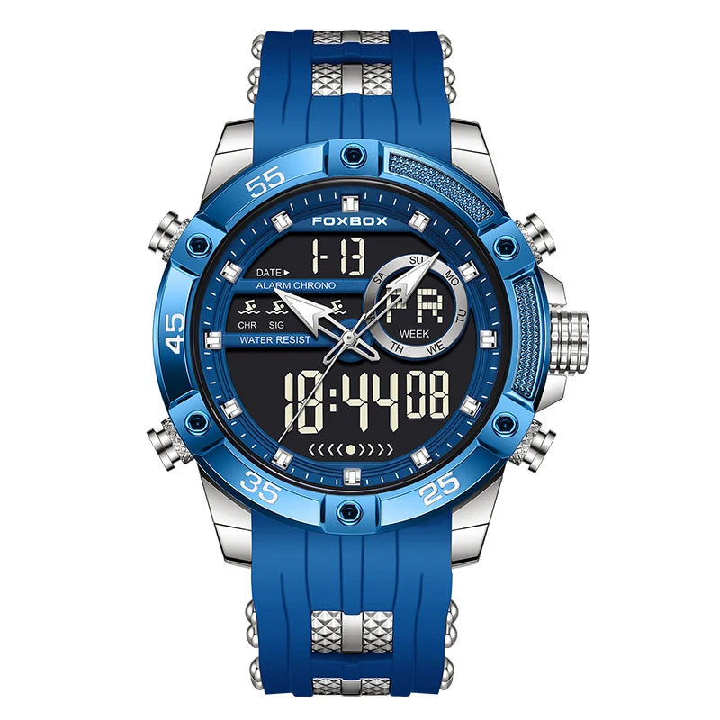 FOXBOX luxury men's sport watch in blue with dual display and chronograph features