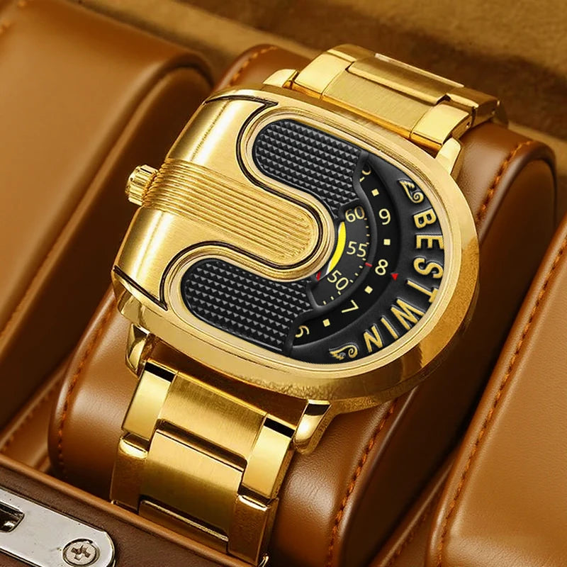 Luxury men's watches with stainless steel band featuring a unique golden design and stylish dial.