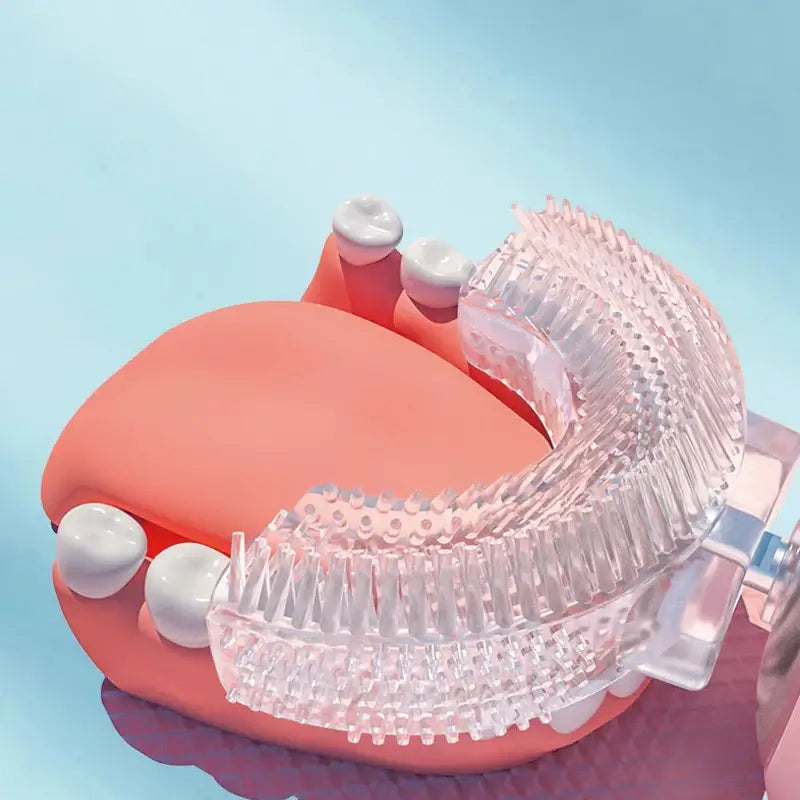 Kids U-shaped silicone electric toothbrush designed for effective teeth cleaning with 360-degree coverage.
