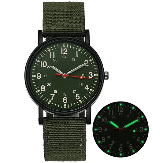 Men's luxury green quartz watch with luminous hands and big dial on a durable strap, perfect for outdoor wear.