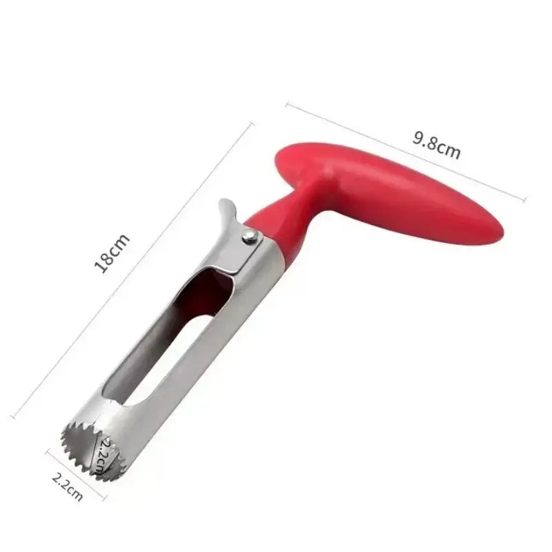 Stainless steel apple corer with red handle, 18cm long, perfect for removing fruit seeds and slicing apples.