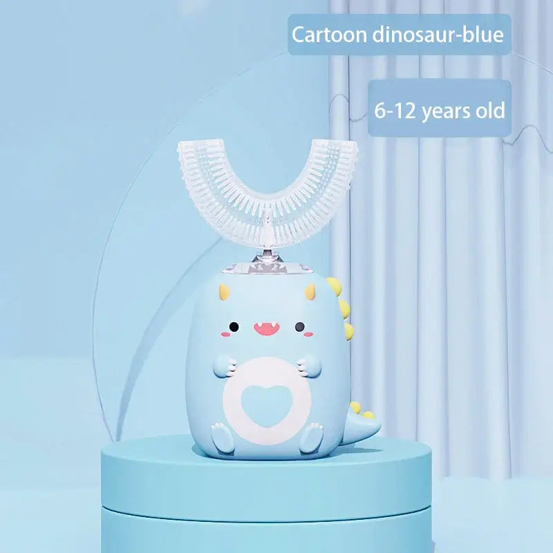 Kids U-shaped blue dinosaur electric toothbrush for ages 6-12 with soft silicone bristles.