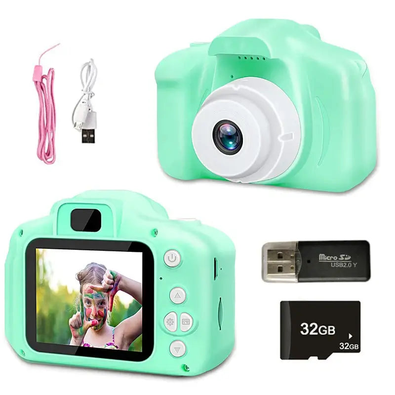 Kids mini HD digital camera in green with accessories, perfect for children's outdoor photography and Christmas gifts.