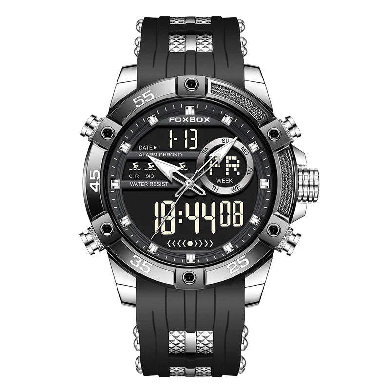 FOXBOX Luxury Men's Sport Watch featuring dual display quartz and digital chronograph for men, waterproof design.