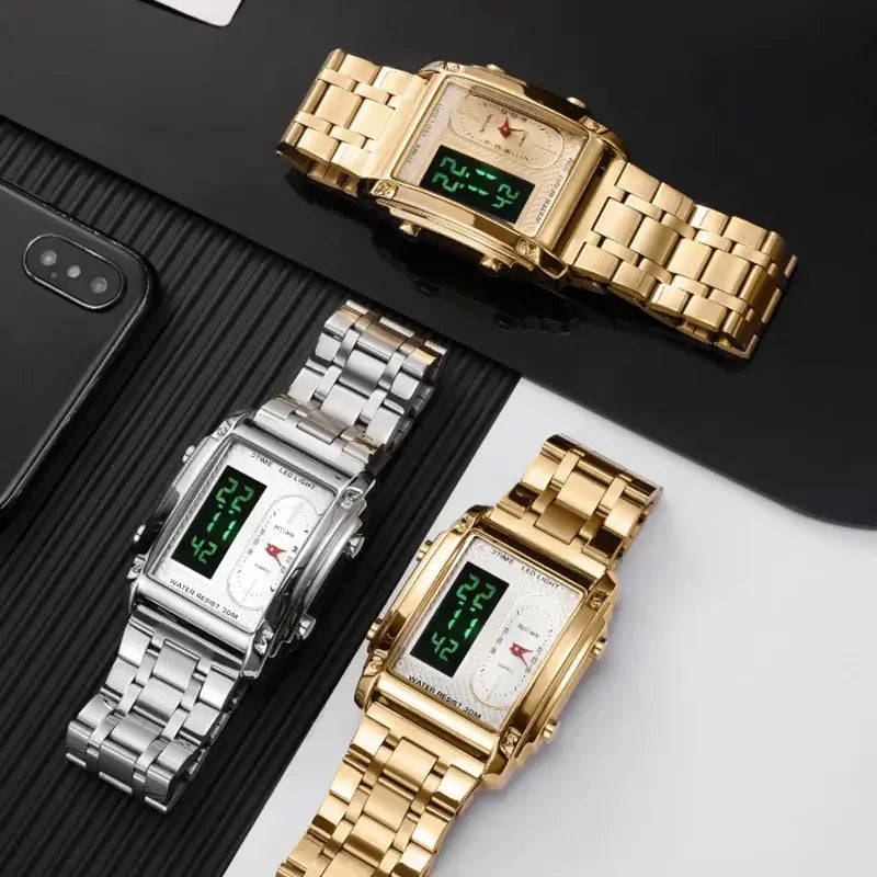 Luxury stainless steel men's wrist watch collection featuring silver and gold dual display designs.