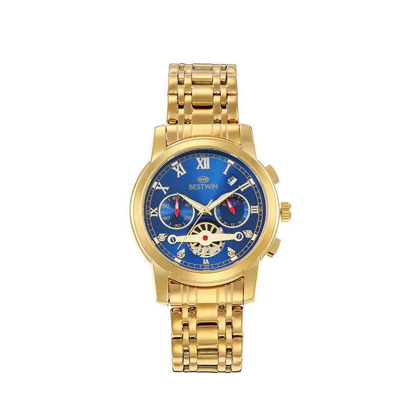 Luxury men's watch with moon phase and calendar features a gold stainless steel band and blue multi-dial face.