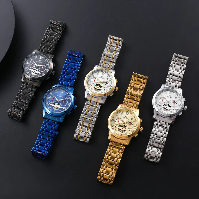 Luxury men's watch with moon phase collection featuring stainless steel bands in various colors.