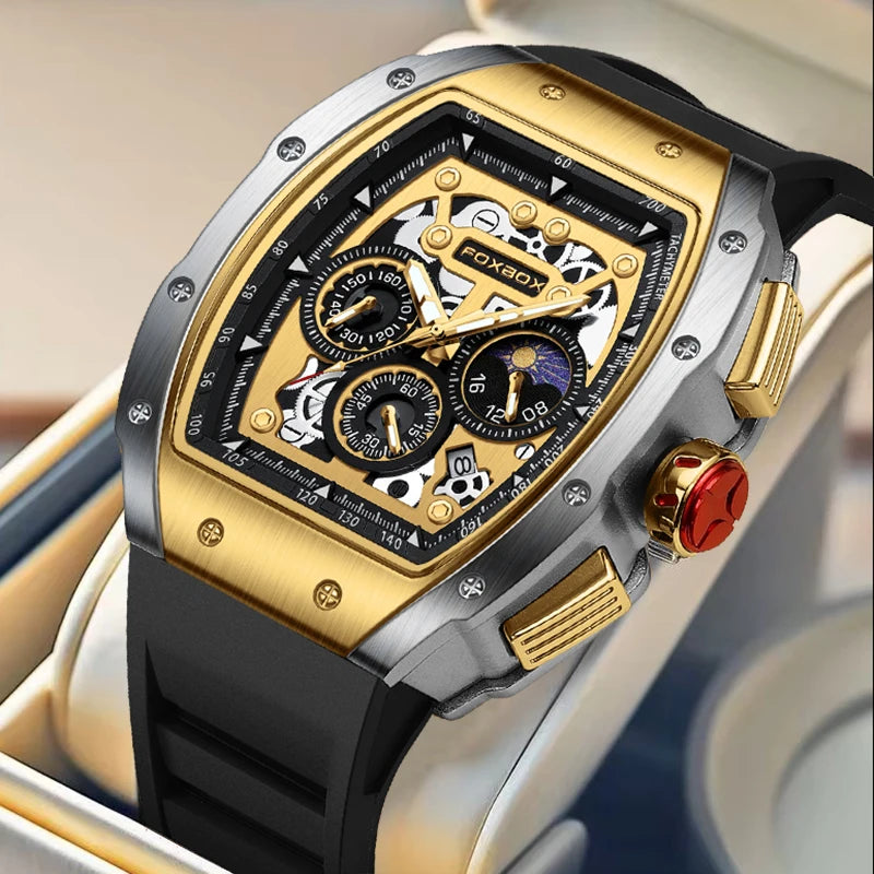 FOXBOX luxury men's chronograph watch with gold bezel and silicone strap in elegant display.