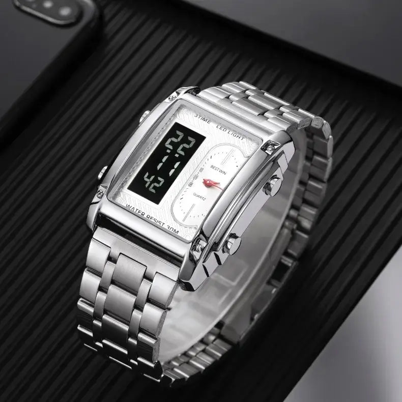 luxury stainless steel men's wrist watch with dual display and silver band