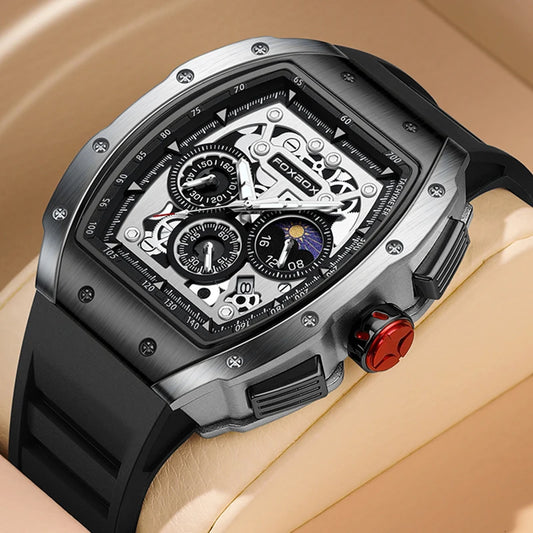 FOXBOX luxury men's chronograph watch with a bold black silicone strap and elegant design.