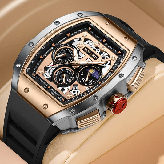 FOXBOX luxury men's chronograph watch with a bold gold bezel and silicone strap.
