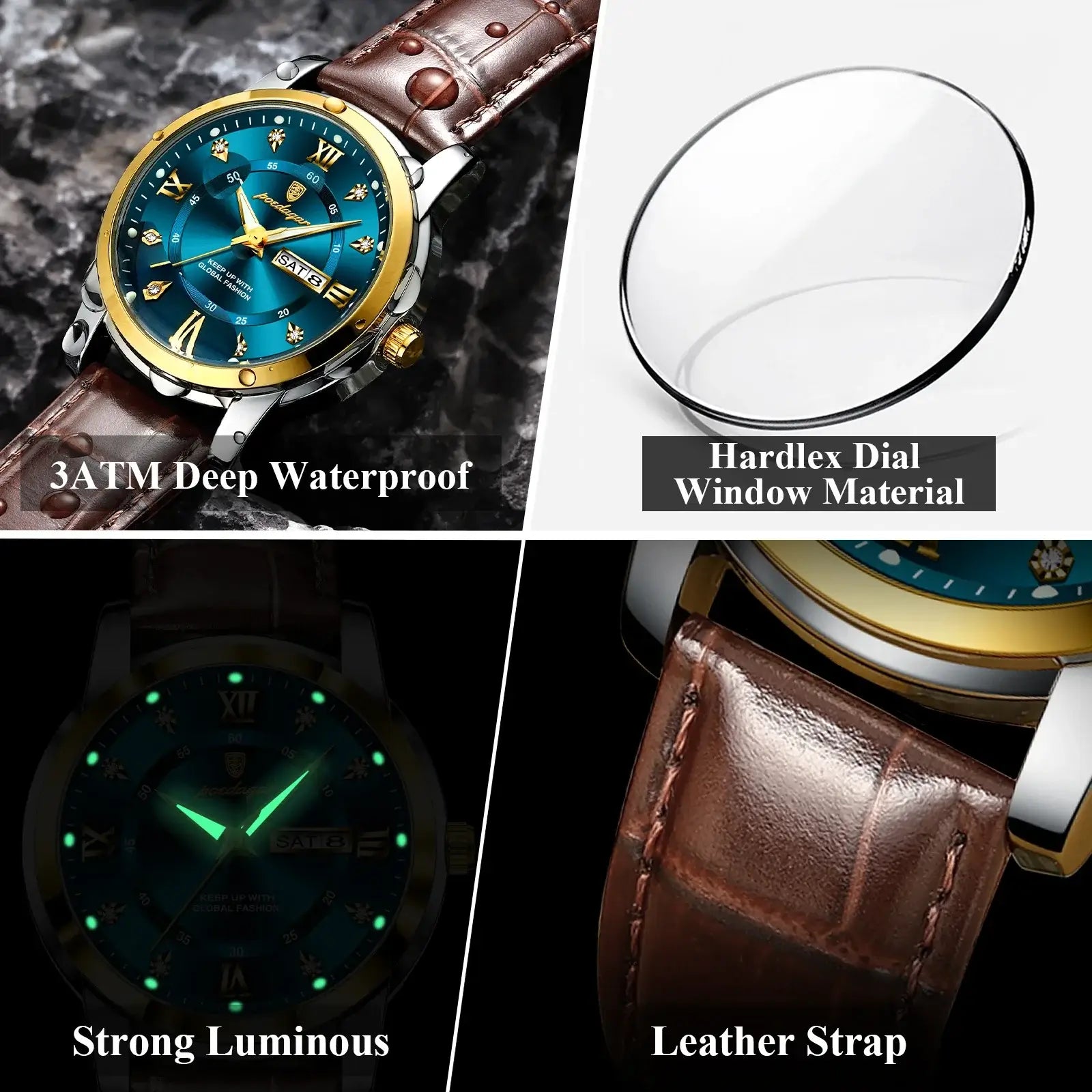 POEDAGAR luxury waterproof men's watch features hardlex dial, strong luminous function, and stylish leather strap.