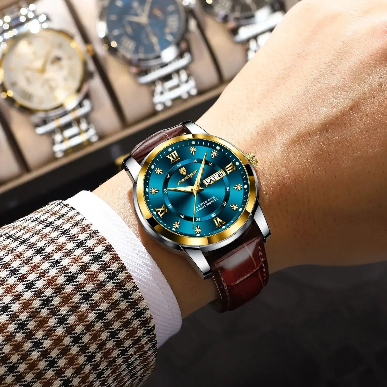 POEDAGAR luxury waterproof men's watch worn on wrist, featuring blue dial and brown leather strap, perfect for business and sports.