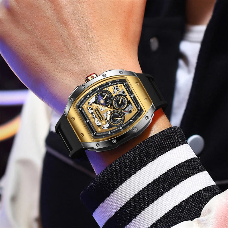 FOXBOX luxury men's chronograph watch on wrist with golden bezel and black silicone strap