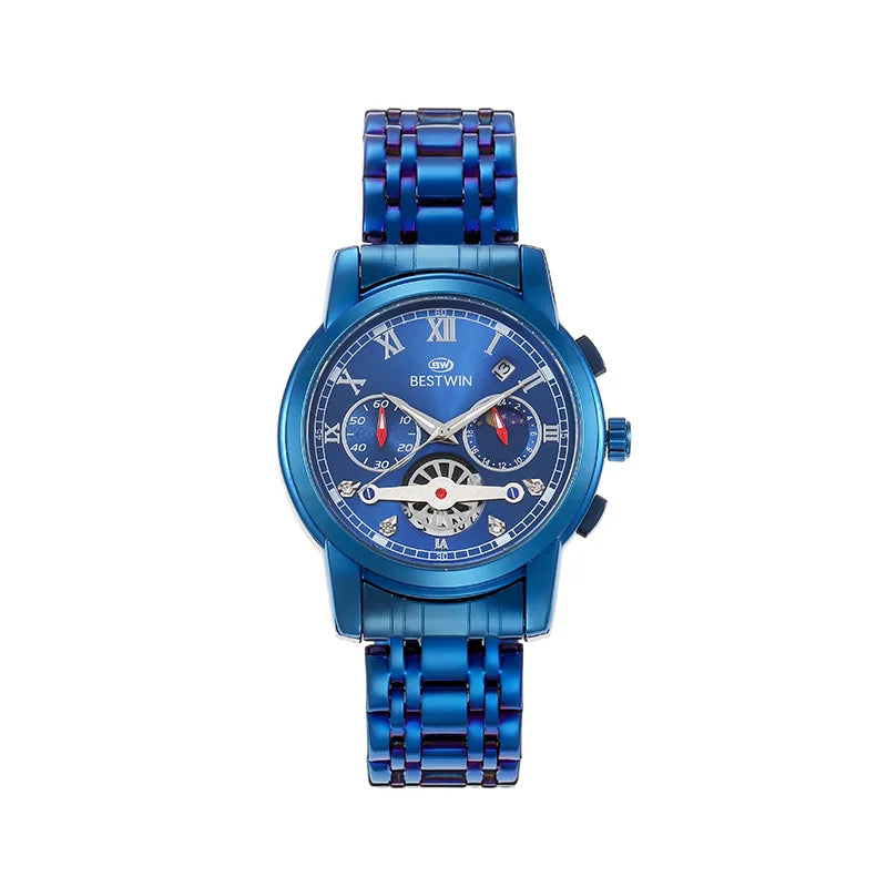 BESTWIN 926 luxury men's watch with moon phase in blue stainless steel, featuring a detailed multi-dial interface.