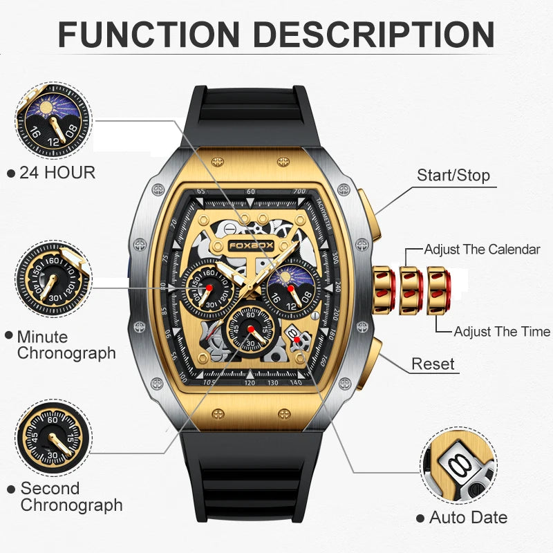 Function description of FOXBOX luxury men's chronograph watch showcasing features and dials.