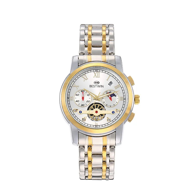 BESTWIN 926 luxury men's watch with moon phase and calendar, stainless steel band design, elegant style for modern man