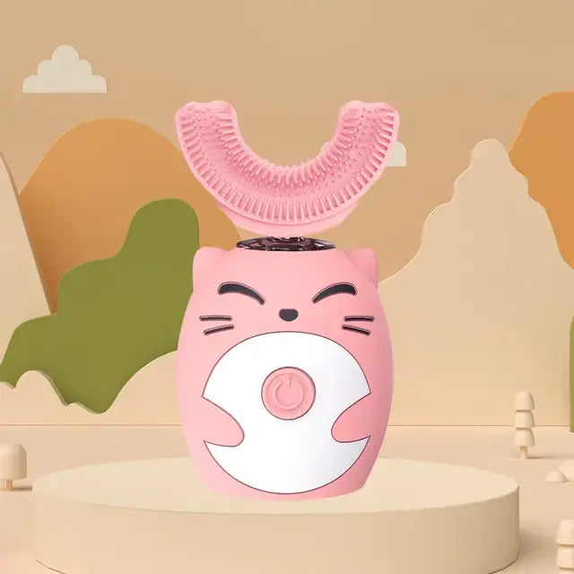 Kids U-shaped Sonic Electric Toothbrush in cute cat design for children, featuring a pink silicone head for effective teeth cleaning.