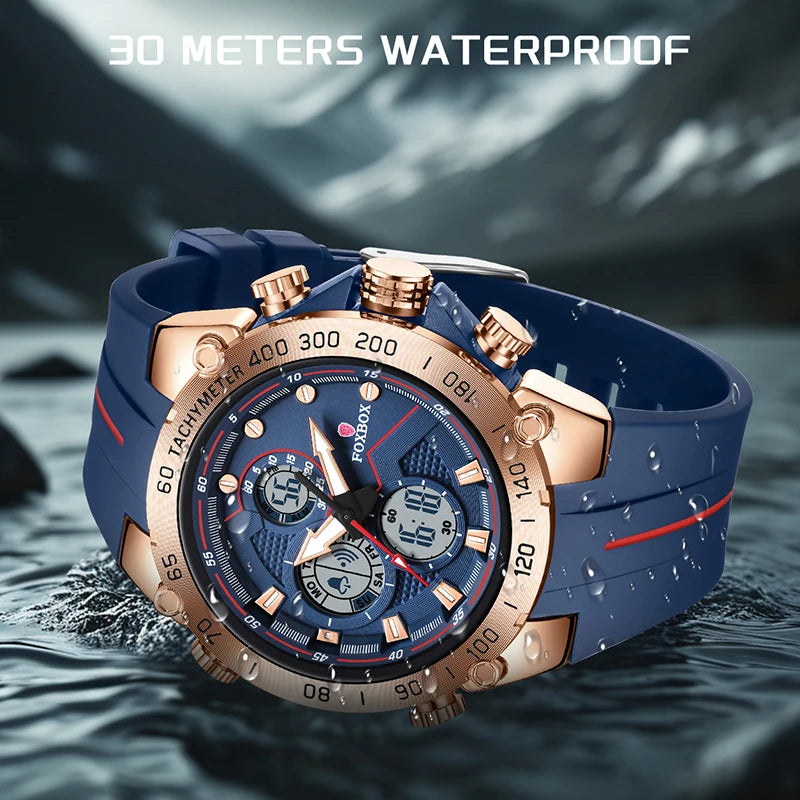 FOXBOX luxury men's sport watch with dual display, 30 meters waterproof, stylish design with blue band and rose gold accents.
