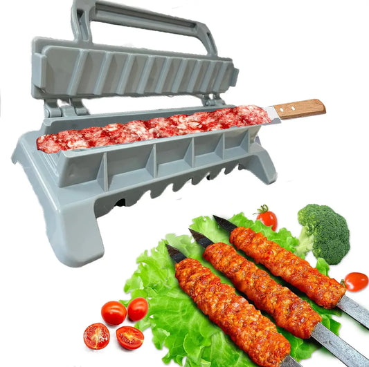 Single row kebab maker tool with skewers and assorted vegetables for BBQ preparation