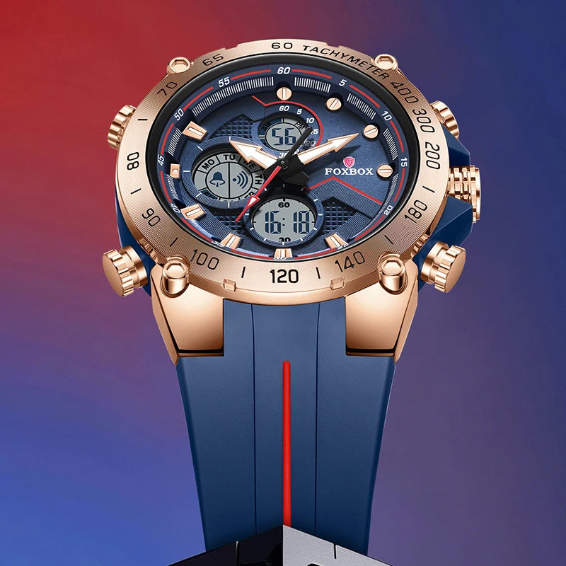 FOXBOX luxury men's sport watch with dual display quartz and digital chronograph on a stylish blue strap.