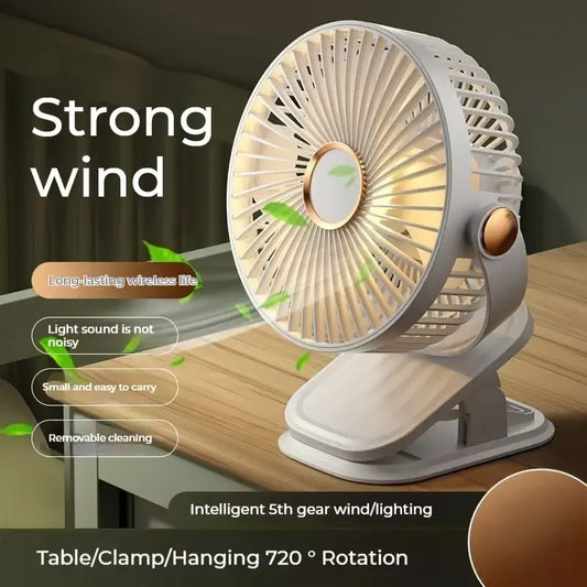 360° Rotatable Portable Clip-On Fan with 5-Speed Settings, USB Charging, and LED Light for Quiet Home Use.