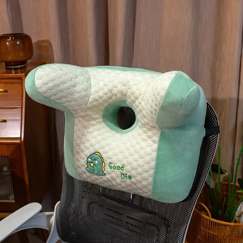 Multi-use cartoon back sleeper nap pillow with anti-slip bottom, perfect for bed, sofa, or office use.