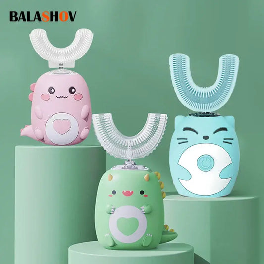 Colorful kids U-shaped electric toothbrushes in cute cartoon designs for effective teeth cleaning.