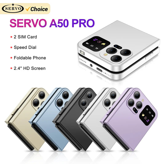 SERVO A50 Pro foldable phone with 2.4" HD screen, dual SIM support, and multiple color options.