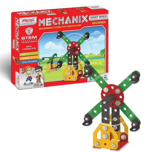 DIY Mechanical Giant Wheel STEM kit packaging and beginner construction model for kids.