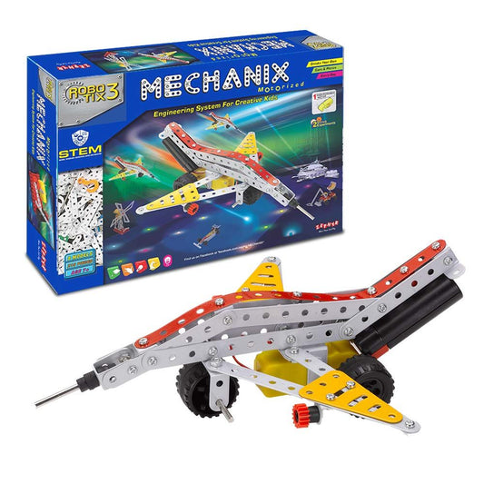 DIY metal aircraft engineering kit displayed with colorful box and assembled aircraft model for STEM learning.