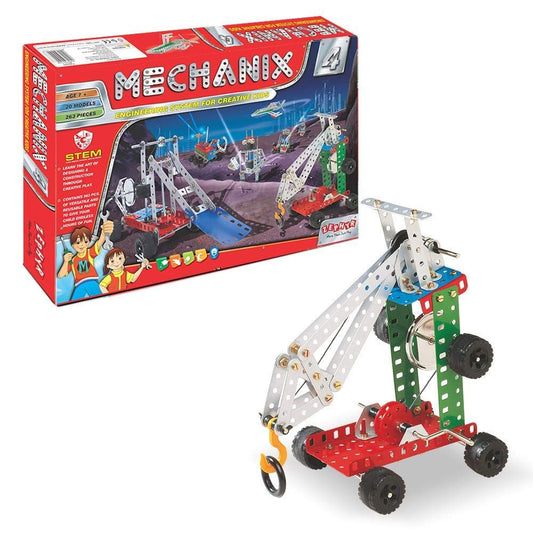 DIY construction crane kit displayed with Mechanix packaging and assembled crane toy, ideal for STEM learning.