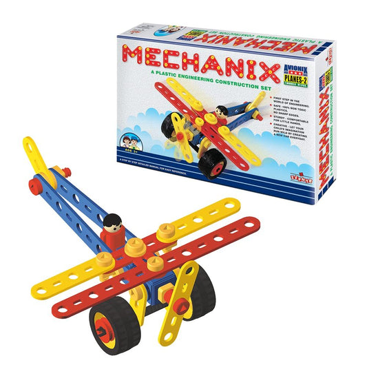 STEM aviation building kit with colorful parts and an airplane model for educational construction play.