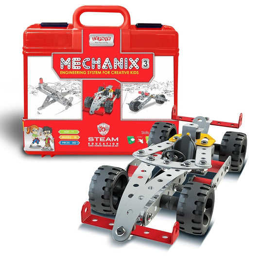 DIY STEM racing car kit in a portable case showcasing an engineering system for creative kids.